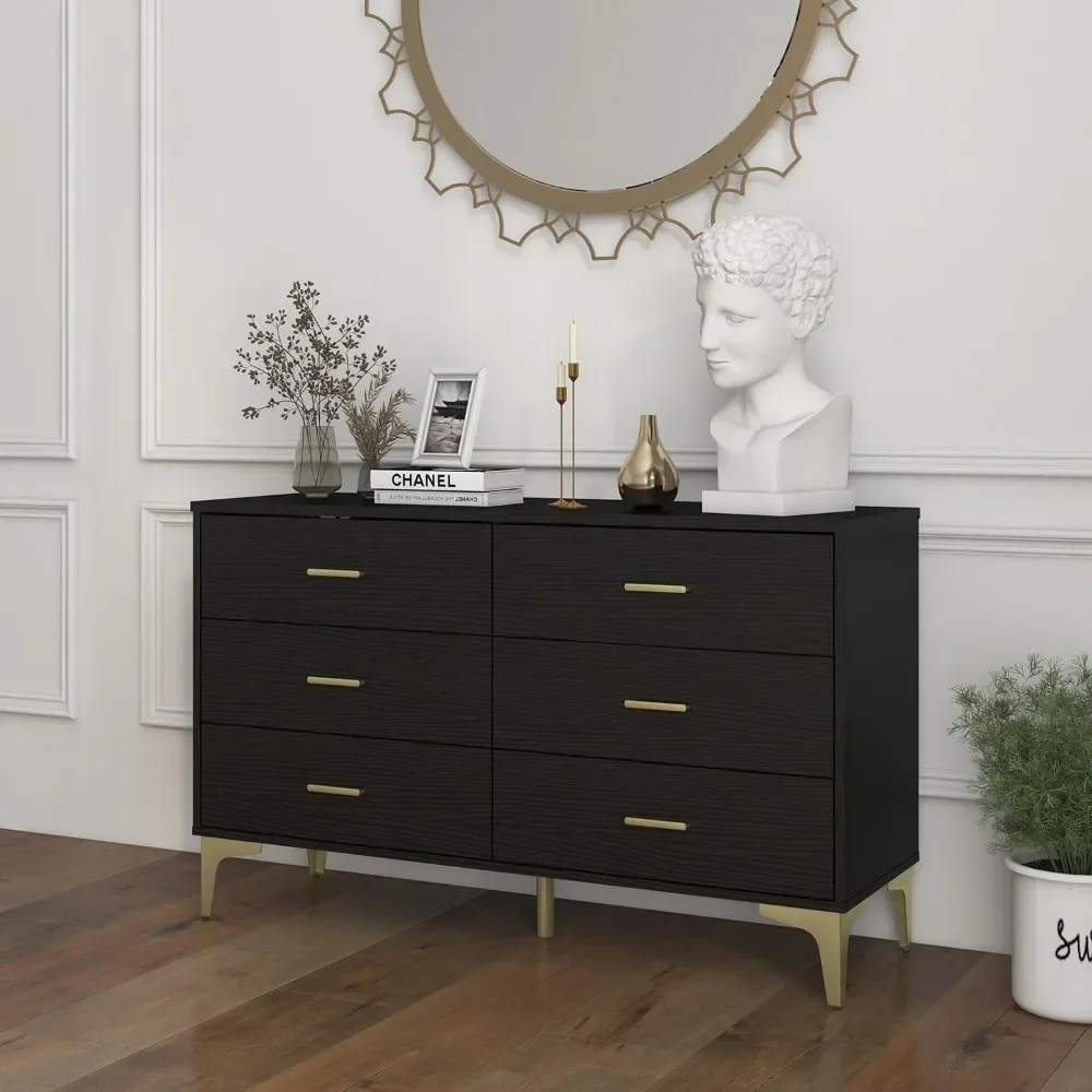 

XMSJ Dresser, Modern 6-drawer Wooden Side Chest of Drawers, Wide Drawers and Storage with Metal Gold Handles