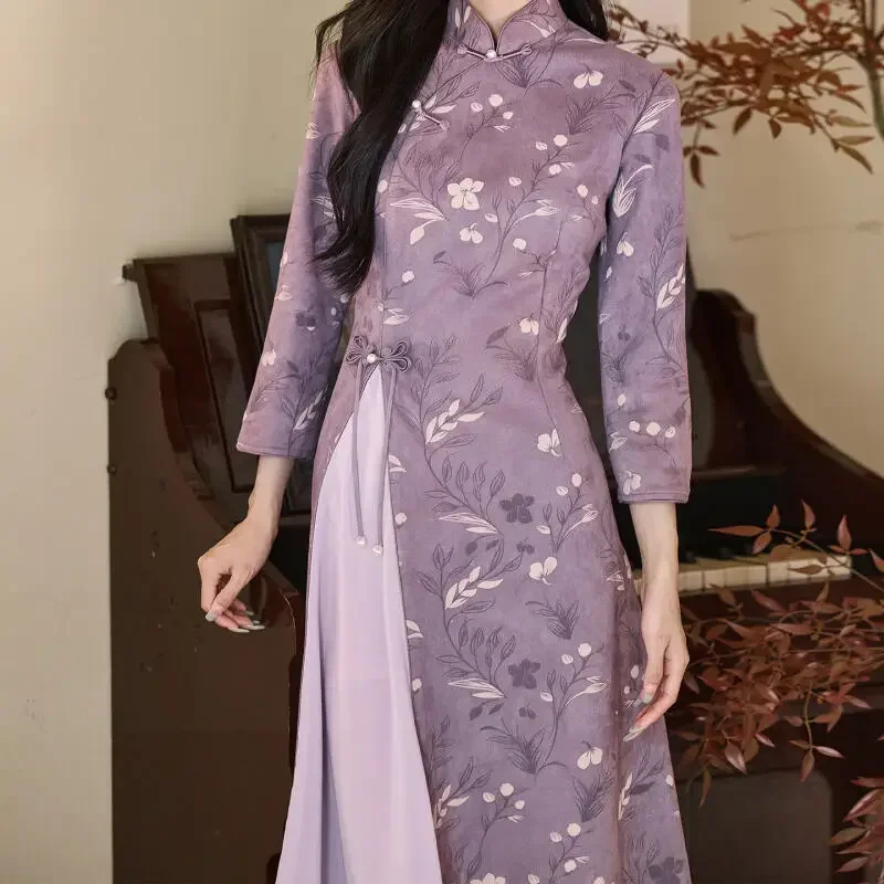 

Suede Aodai Qipao Women Elegant Improved Qipao Dress Sexy Banquet Hanfu Vestidos 2025 Autumn New Chinese Style Dress Chesongam