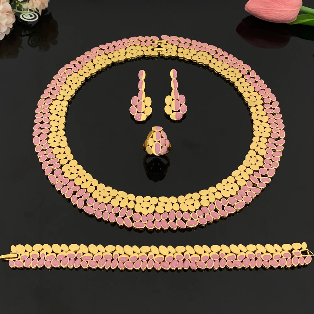 Flora Fashion Exquisite Jewelry Set Gold Plated Copper 4PCS Necklace Earrings Bracelet Ring Gift for Women Party