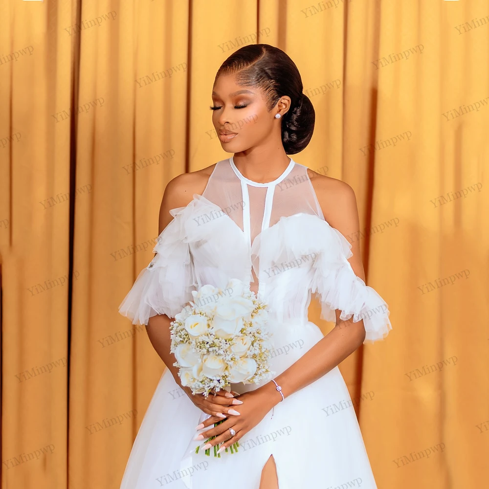 African Bridal Shower Dress O-Neck Side Split Reception Dresses For Bride Tulle Customized Bridal Robes Wedding For Photoshoot