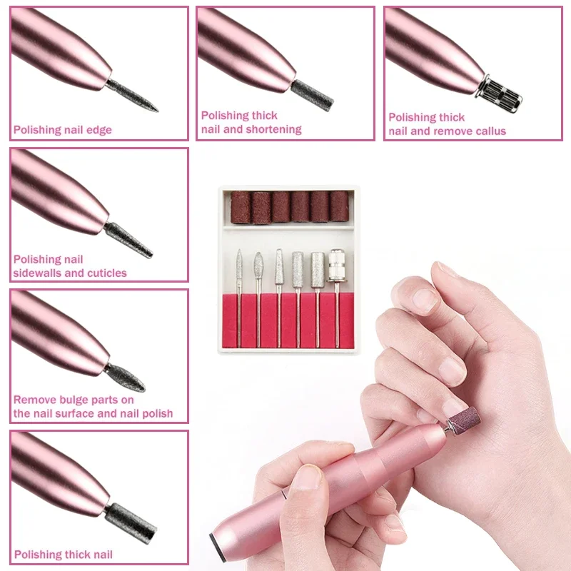 Perceuse à ongles électrique pour manucure, lime à ongles portable USB, stylo à ongles, gel à ongles, polisseuse de fraisage, kit d'outils de salon de manucure