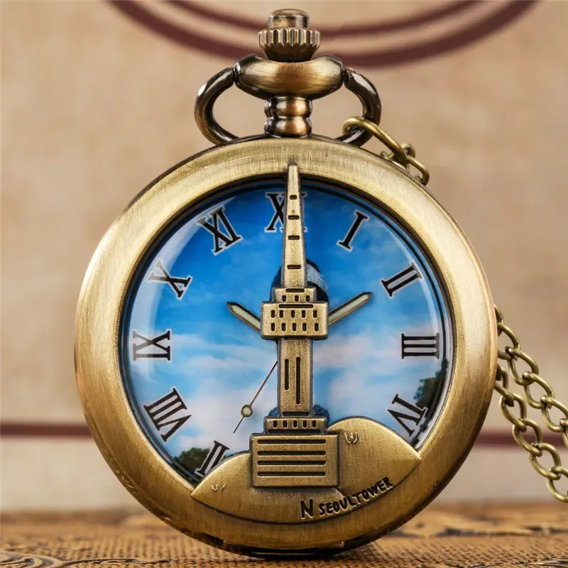 Vintage Pocket Watch with N Seoul Tower Pattern Men Women Analog Quartz Clock Collectable Clock Necklace Pendant Chain Gift