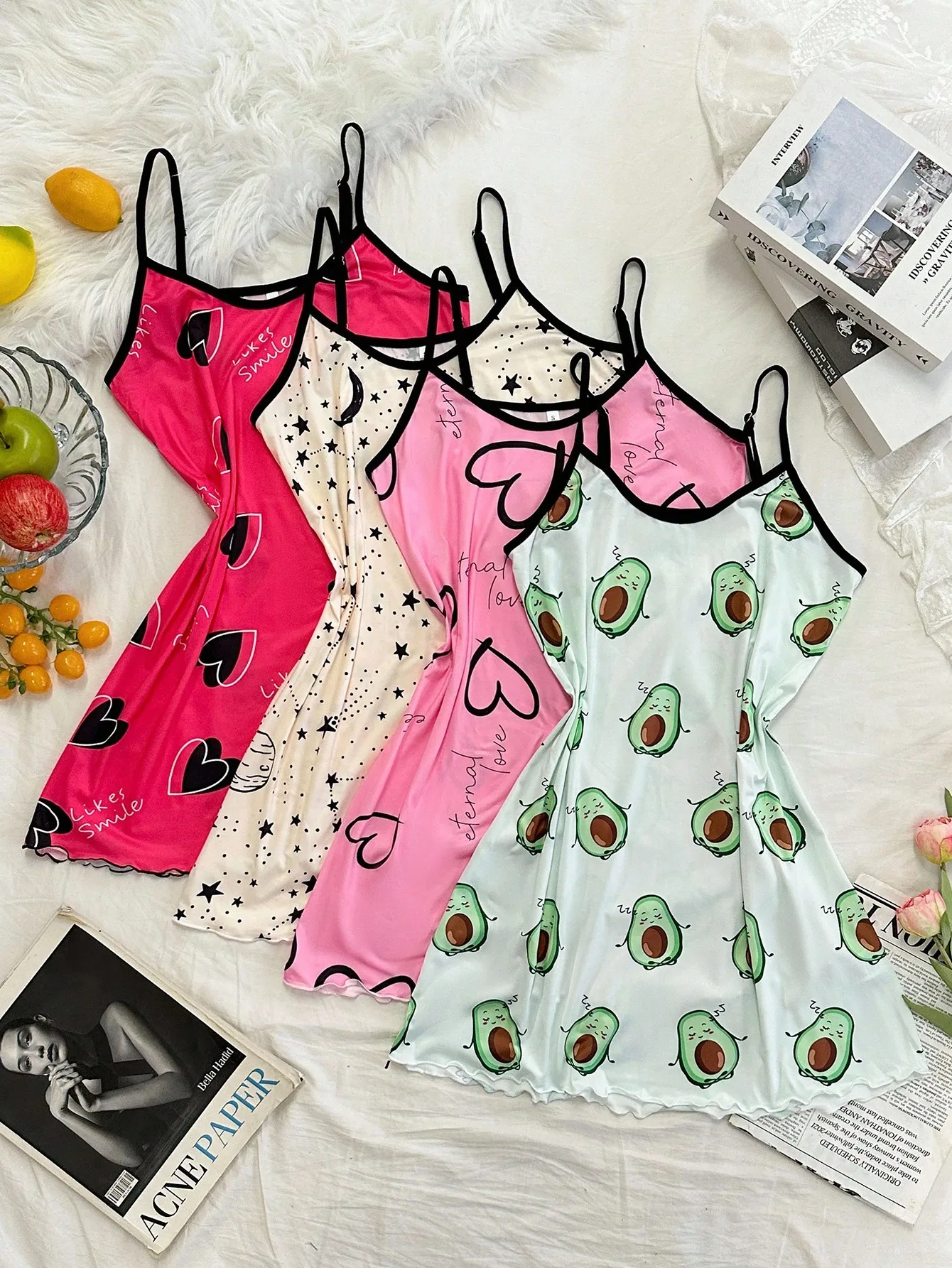 

4-Pack Women's Printed Camisole Sleepwear Set - Heart, Star, Avocado Patterns