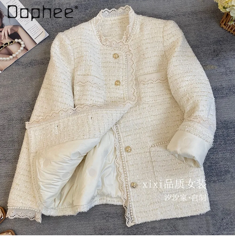 

French Style Elegant Socialite White Tweed Down Jacket for Women Winter High-end Lace Trim Heavy Pearl Edge Mid-length Wool Coat