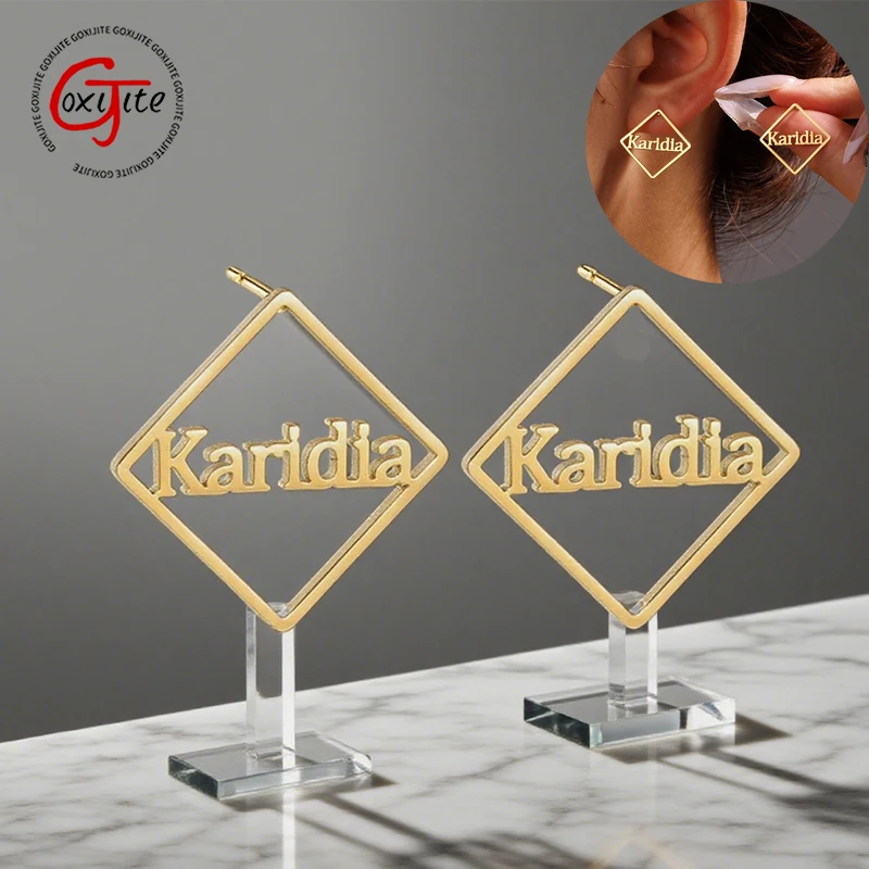 

Goxijite Personalized Name Geometric Shape Earrings Stainless Steel Custom Name For Women Girls Stud Earrings Jewelry Gift