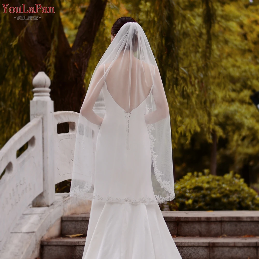 YouLaPan V51 Bridal Veils Wedding Short with Thin Scallop Lace Trim Bridal Illusion Tulle Lace Border Fingertip Veil