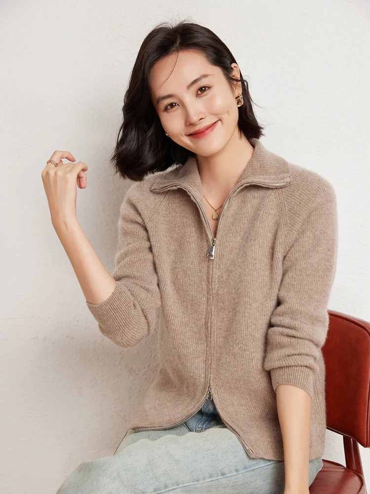 Addonee Autumn Winter Women Sweater Zipper Turn-down Collar Cardigan 100% Merino Wool Casual Cashmere Knitwear Korean Fashion