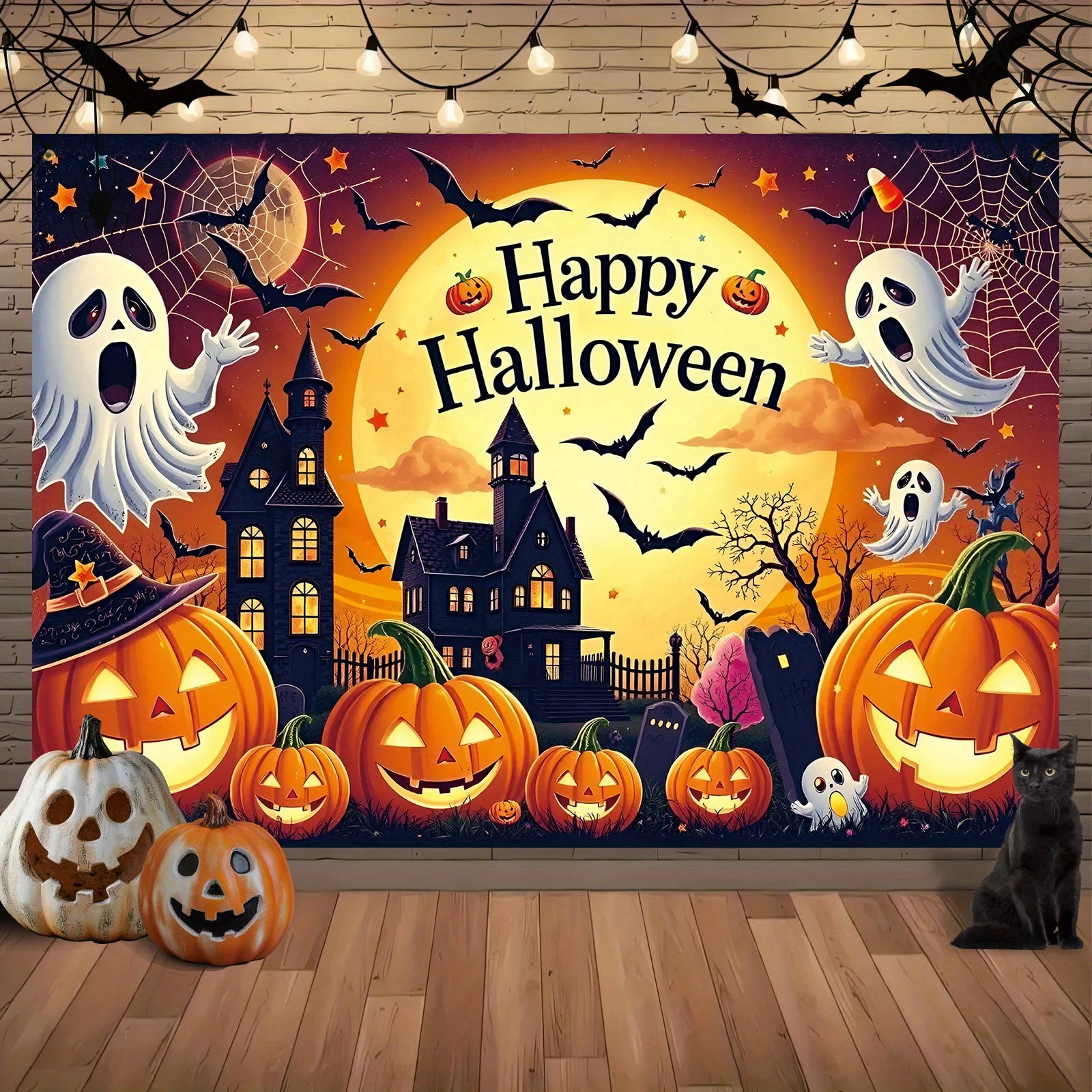 Bannières en tissu pour fond de scène de Halloween, château hanté, citrouilles, fantômes, carnavals, festivals, célébrations, décorations de fête