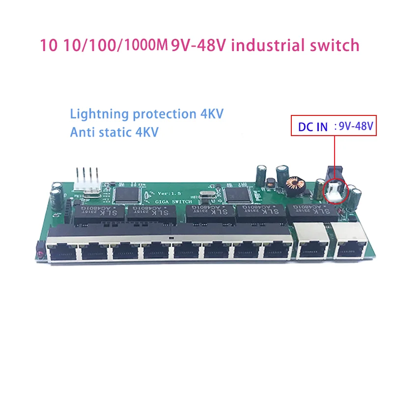 Módulo de interruptor industrial de 10 puertos no gestionados, protección contra rayos, antiestática, 4KV, 10/100/1000mbps, 5V-15V, 9V-48V, 9V-95V