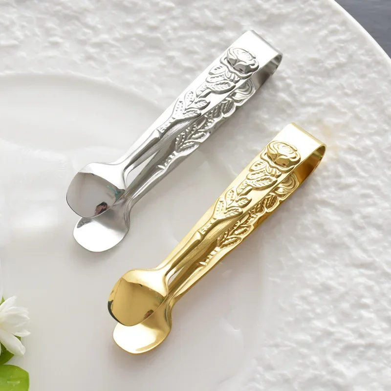 High Quality Ice Tong Embossed Rosette Handle Stainless Steel Food Tong Sliver/Gold Clip BBQ Clip Kitchen Bar Supplies