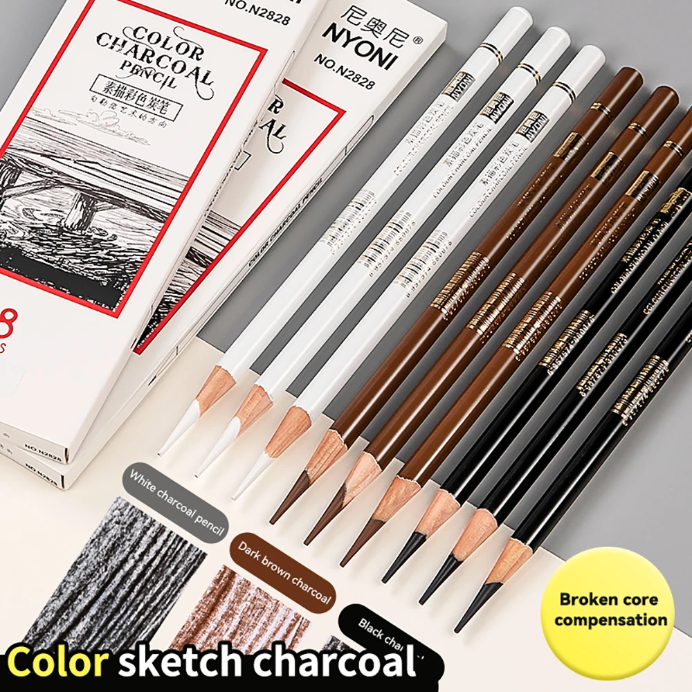 Professional Colour Charcoal Pencils Drawing Set White Colored Carbon Sketch Pencil for Sketching Shading Coloring Blending