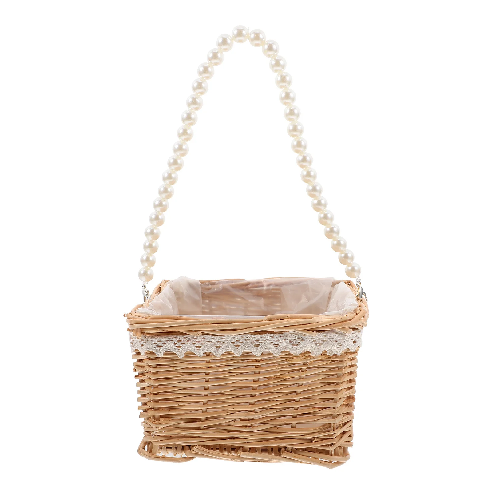 

1Pcs Rattan Woven Flower Basket Fine Workmanship Pearl Handle Flower Arrangement Container Decorative Home Festival Ornament