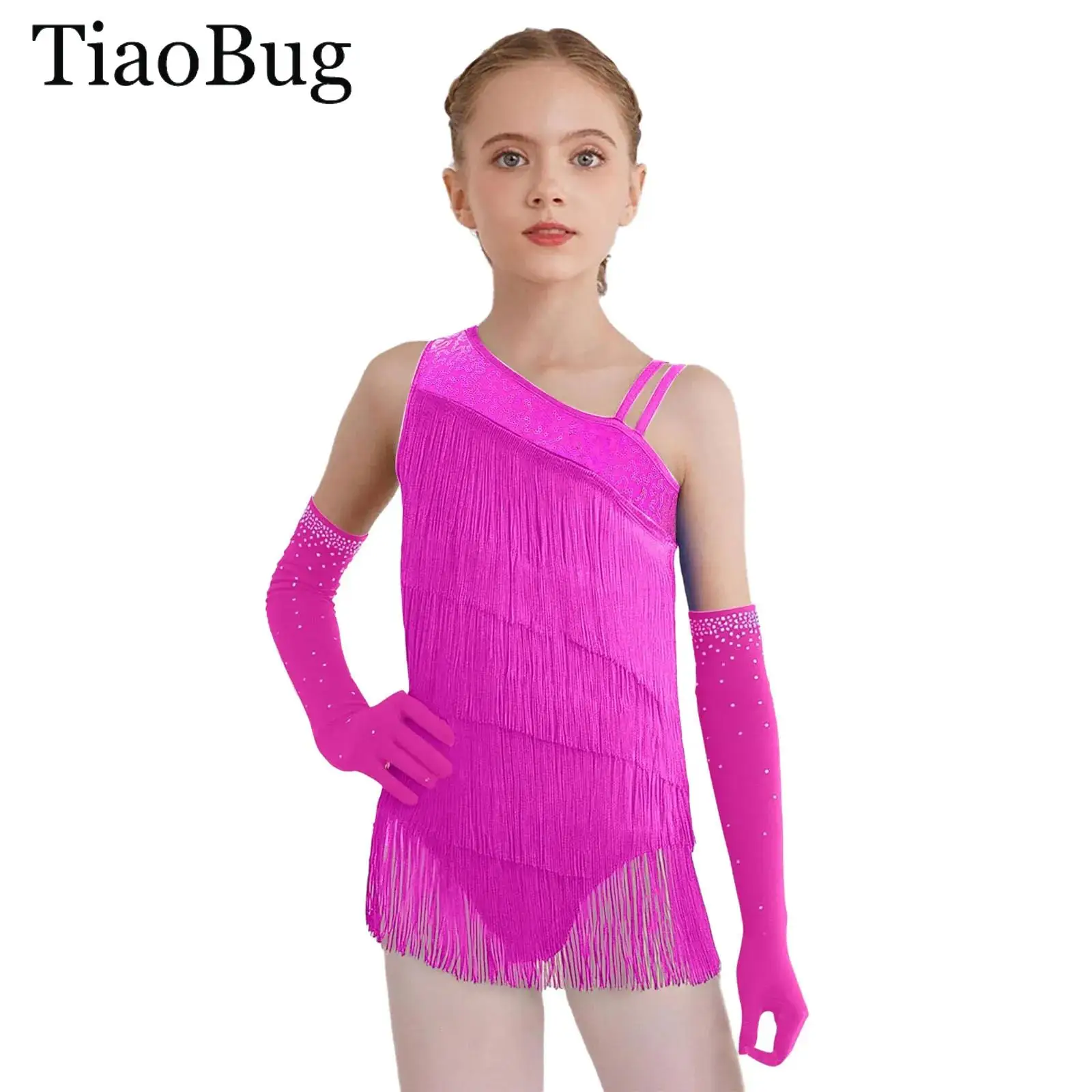 

Girls Tassel Latin Dance Leotard Dress Sleeveless Asymmetrical Fringe Bodysuit Modern Ballroom Tango Salsa Skating Dance Outfit