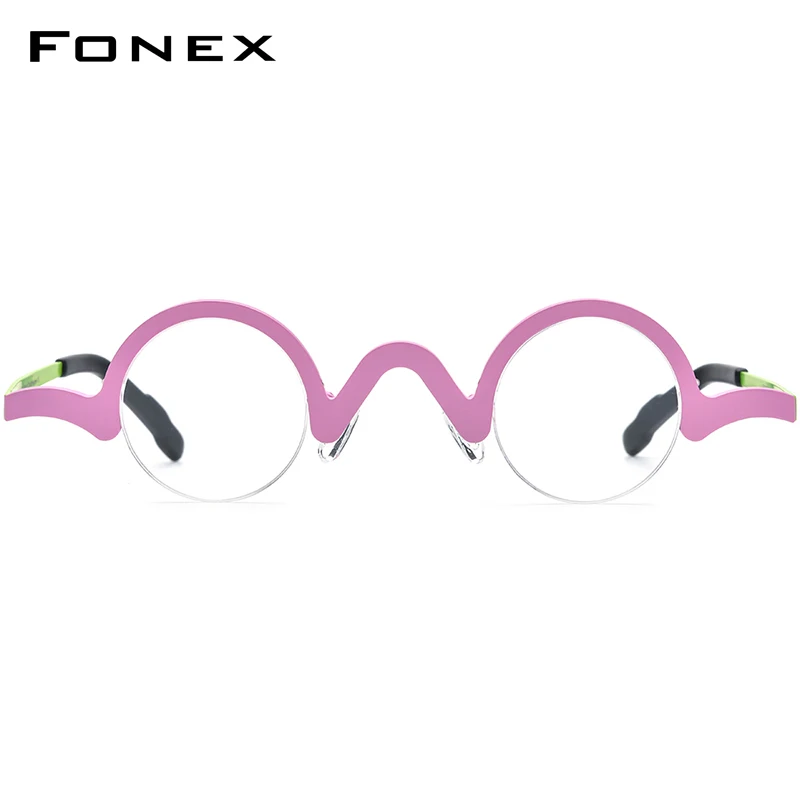 FONEX Pure Titanium Glasses Women 2026 Brand Design Retro Vintage Small Round Eyeglasses Frame Men Semi-Rimless Half Eyewear 810