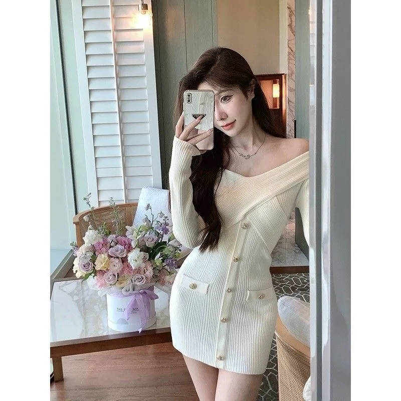 

Knee Length Pullovers Goth Sweaters Jumpers Women Casual Off-Shoulder Straight Holiday Gentlewoman Punk Lap Solid-Coloured Girls