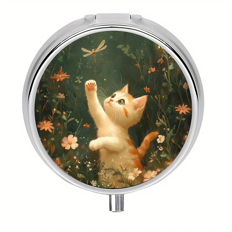 Single pack, wallet-style pill box, contains 3 pill compartments, cat and butterfly design, portable travel pill box, can store pills and vitamins, pill storage box, portable pill box, suitable for carrying in a handbag, a unique and perfect gift