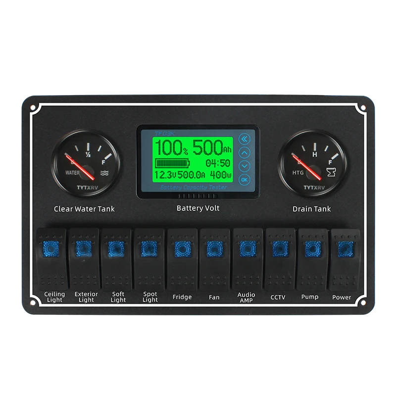 TYTXRV RV Accessories 12V/24V 10 Gang Control Switch Panel With Blue Lamp Waterproof Rocker Switch For RV Trailer Bus Marine