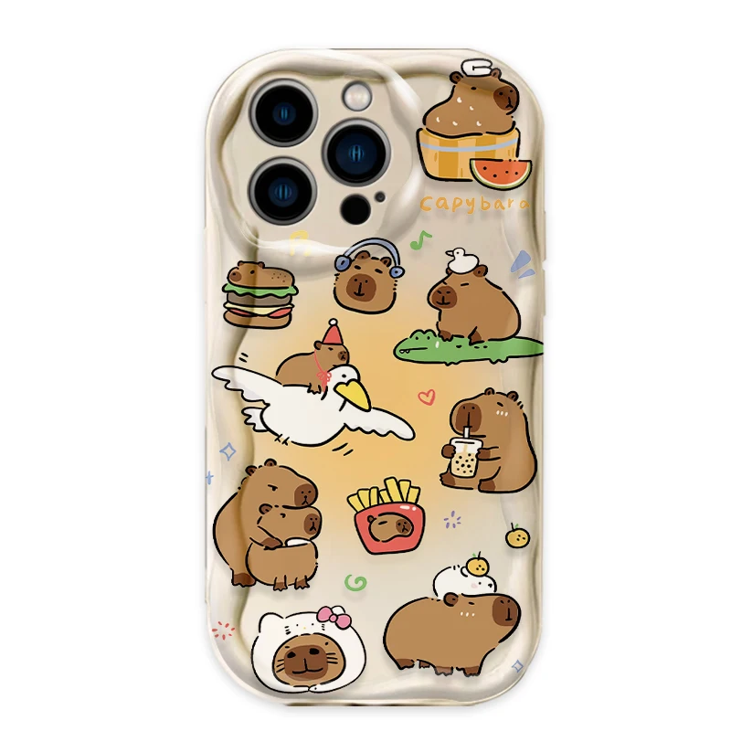 Lovely Cartoon Capybara 3D Wave Case For iPhone 16 15 14 13 12 11 Pro Max X XR XS 8 7 Plus SE 2020 TPU Silicone Shockproof Cover