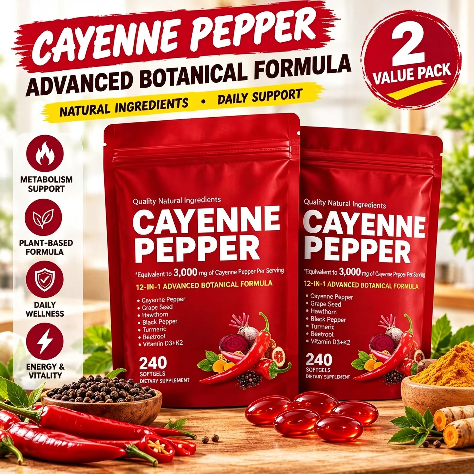 Cayenne Pepper Softgels 12 in 1 Herbal Formula Blend Gluten Free Support Metabolism Circulation Digestive Health 240 Softgels