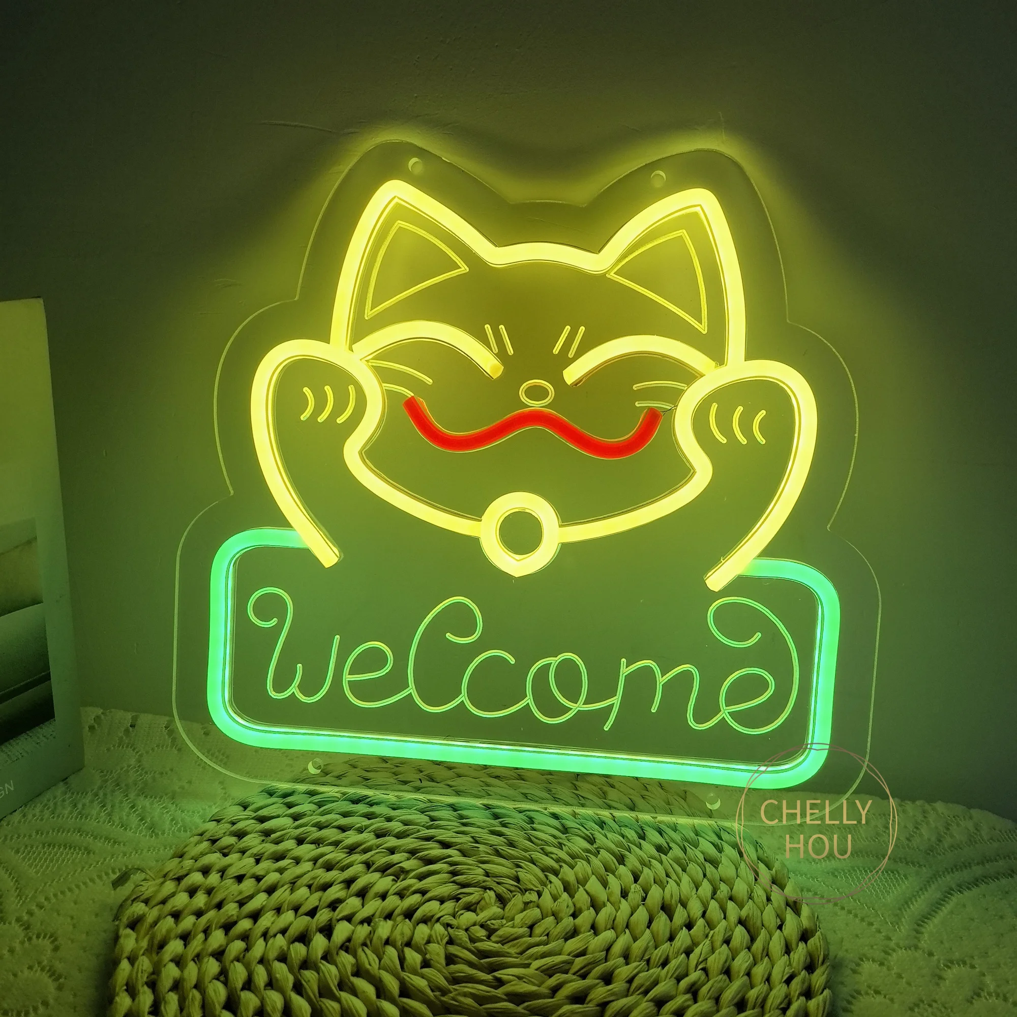 

Неоновая вывеска Манэки-нэко: Привлекающий удачу милый кот с табличкой «Добро пожаловать» для декора ресторана, магазина, дома, бара, светодиодный ночник