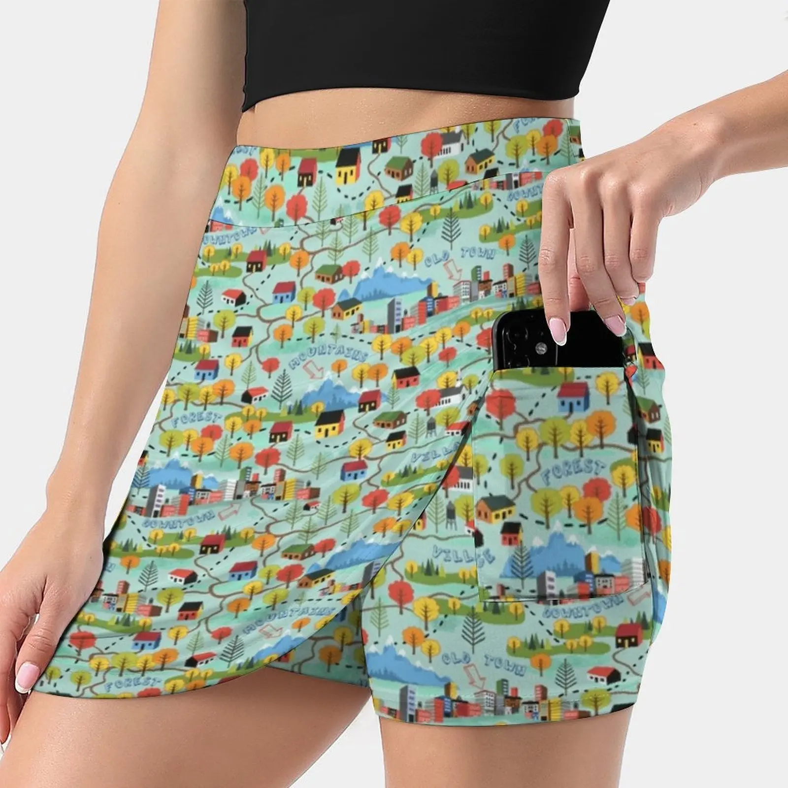 

Illustrated Map Fall Color Roadtrip Women Tennis Skirts Golf Badminton Pantskirt Sports Phone Pocket Skort Maps Illustrated