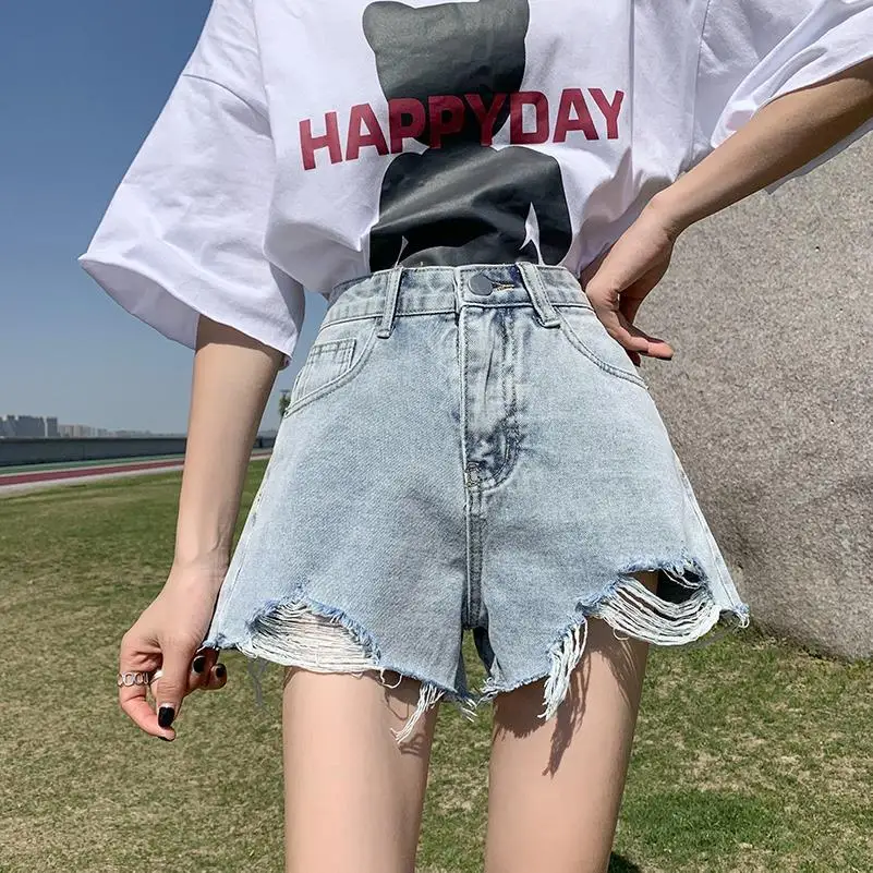 High Waist Summer Trend Patchwork Jeans Women Clothes Casual Buttons Irregular Shorts Femme Korean Pocket Denim Hole Tassel