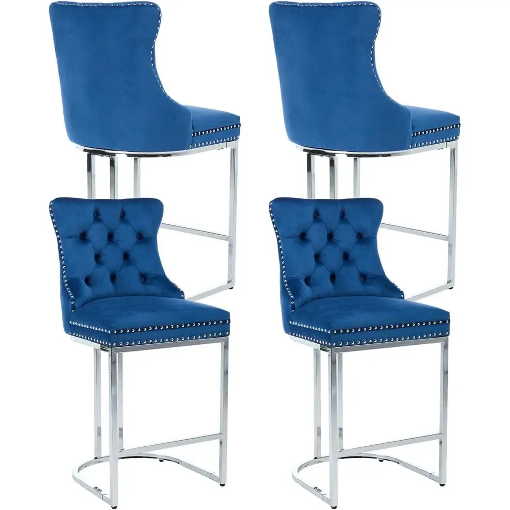 

Set of 4 Velvet Counter Height Bar Stools with Chrome Legs and Tufted Back, Blue Upholstered Chairs for Kitchen Island or Pub