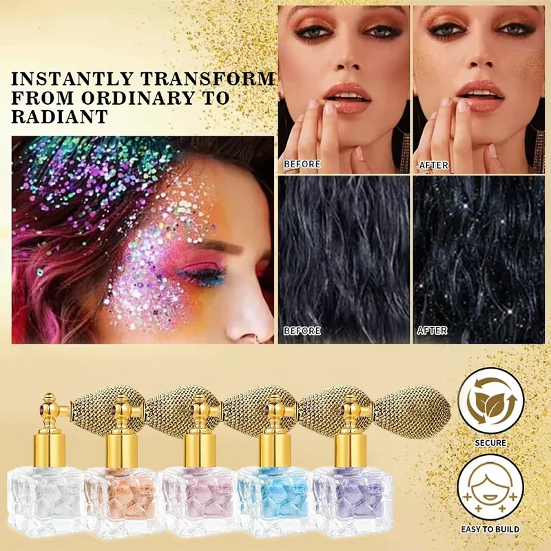 Resaltador en polvo brillante de 5 colores, Spray brillante, maquillaje en polvo brillante, adecuado para cosméticos faciales y corporales de mujeres