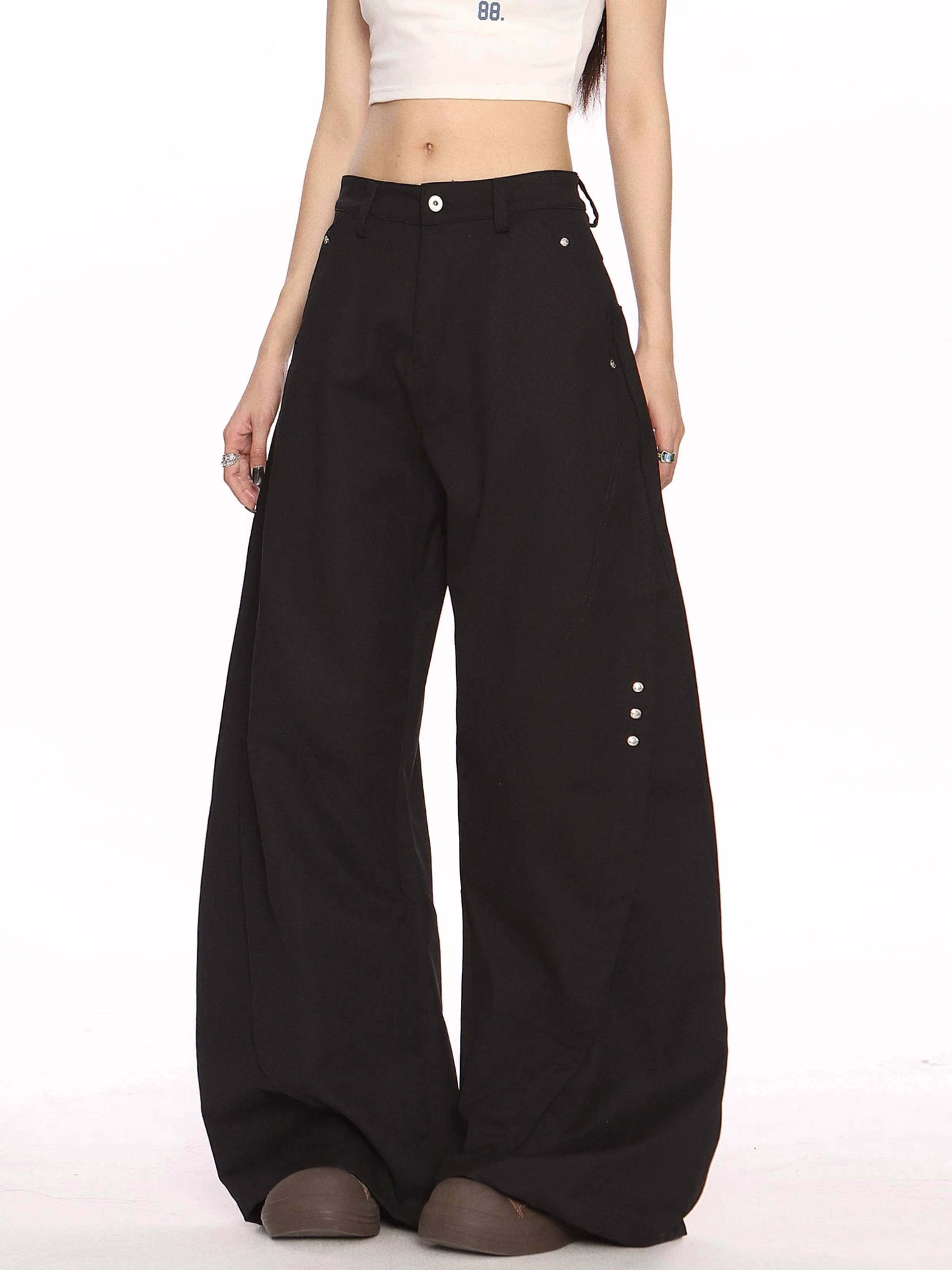 Modern Women's Wide Leg Pants Plus Size Casual Slant Pocket  Long Trousers Work Office Lady Bottoms