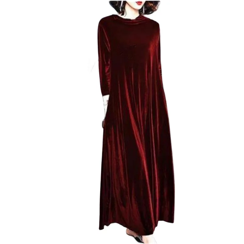 2024 Fall Winter Elegant Loose Velvet Long Dress Women Casual Vintage Full Sleeve Maxi Dress Plus Size Vestidos Wine Black Green