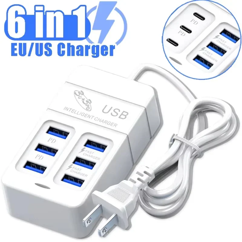 USB 3.0 C 타입 충전 벽 전화 어댑터, 6 in 1 고속 충전기, 35W PD 천공 B다기능 충전기 허브, EU 미국 플러그 