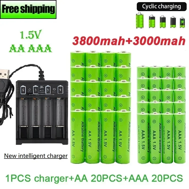 

Новинка, перезаряжаемая батарея AA + AAA 1,5 в, AA3800MAH AAA3000 с зарядным устройством usb для фонарика, фонарика, электрических устройств