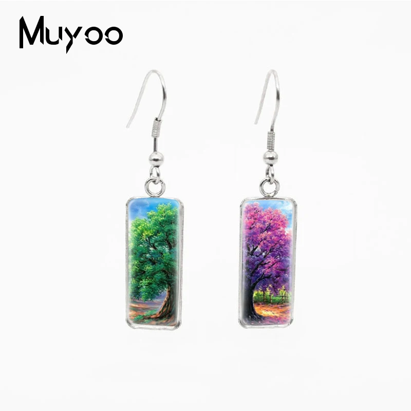 2021 New Cool Colorful Different Seasons Yin Yang Tree Landscape Oil Paintings Handcraft Rectangle Fish Hook Earrings