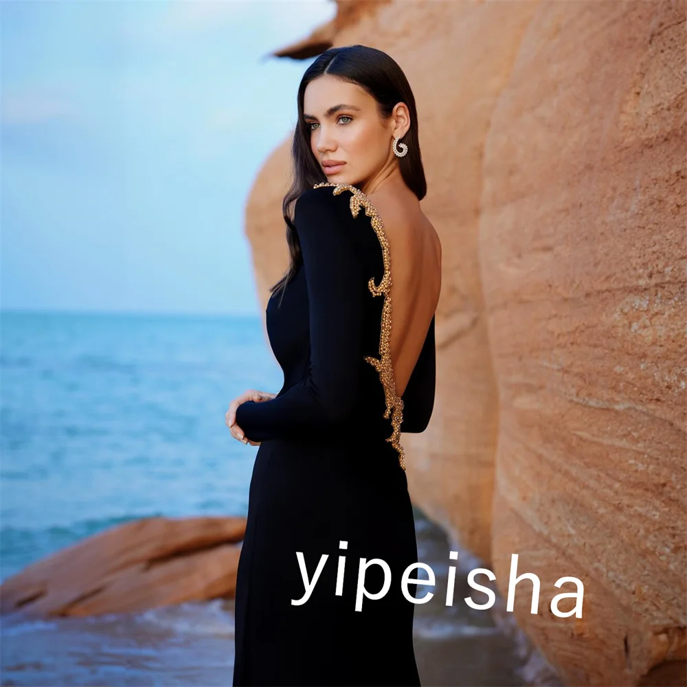 Jersey personalizado con lentejuelas, compromiso, cuello redondo recto, vestido de ocasión a medida, vestidos largos