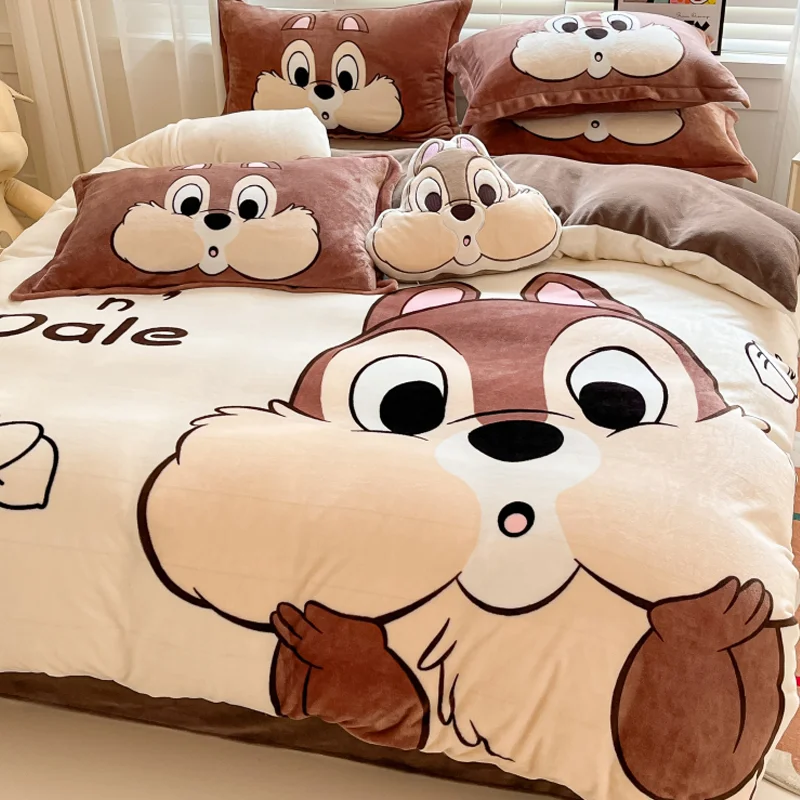 Disney Mickey Lotso Chip Stitch Cartoon Cute Anime Character Plush Bed Four-piece Set Creative Kawaii Exquisite Thickened Sheet