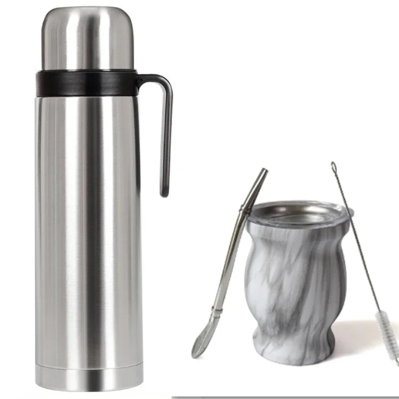 Thermos Coffee Pot Stainless Steel Hot Water Kettle with Handle Gourd-shaped Companion Cup with Straw Spoon Portable Travel Pot