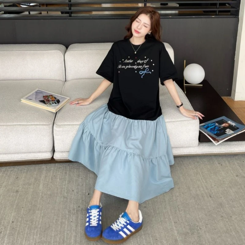 Zomer T-shirtjurk Korea-stijl dames losse grote maten onregelmatige patchwork korte mouw lange jurk gewaad elbise kleding