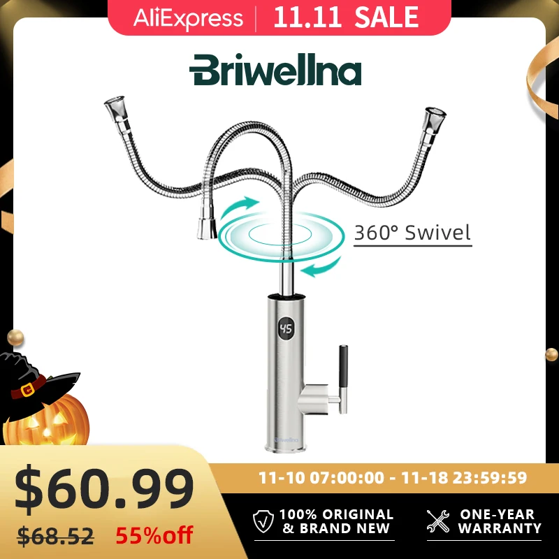 

Briwellna Electric Water Heater Flowing Universal Spout Kitchen Faucet 2 in 1 Stainless Steel Electric Faucet 220V Heating Tap