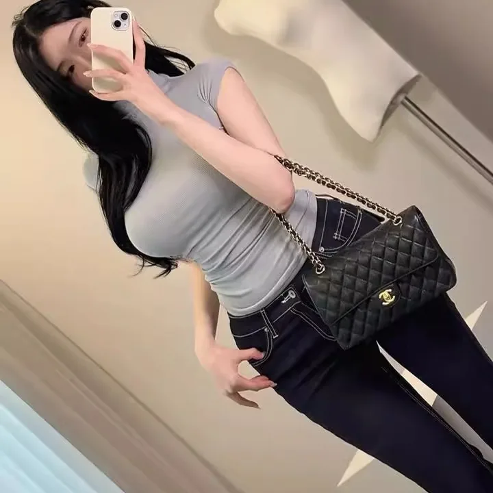 Cseta de Mujer Nueva y Cómoda, Estilo Dongda, Cuello Medio Alto, Manga Corta, Pada, Ajustada, de Punto, Fibra Modal, To...