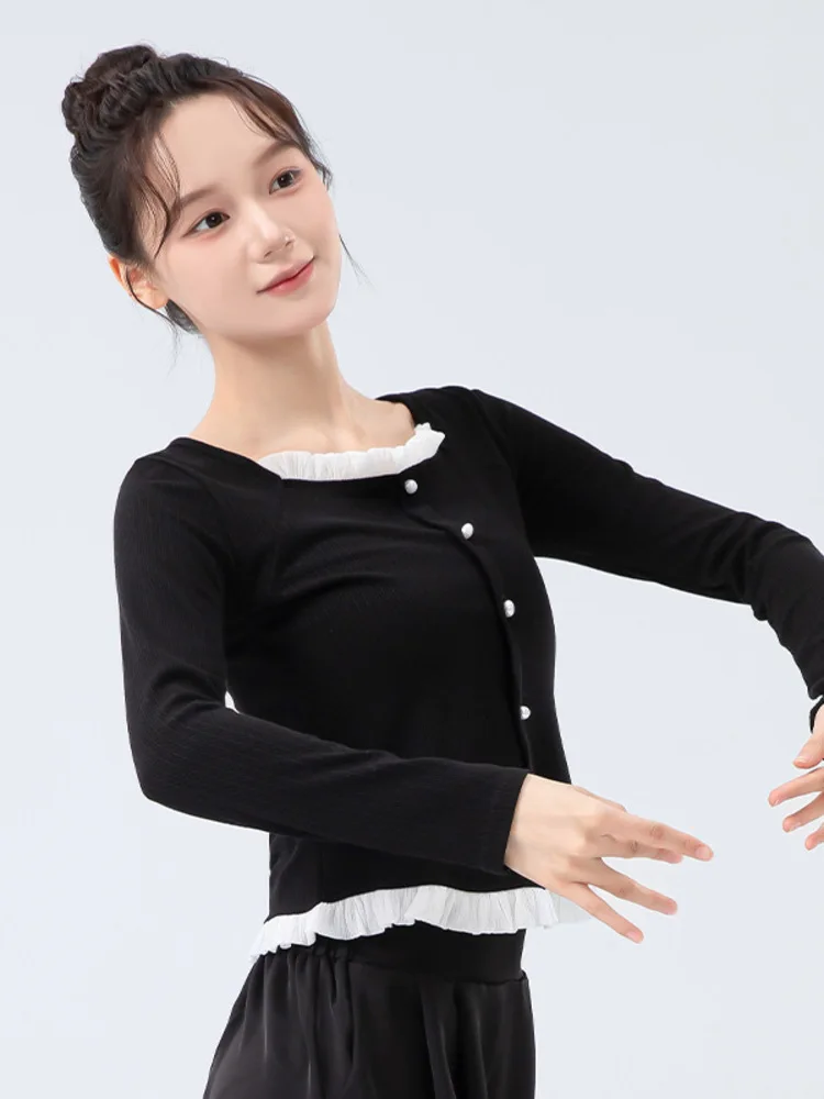 قميص باليه بقصة ضيقة ورقبة مربعة مكشكشة من الدانتيل - قميص رقص مسرحي بأكمام طويلة مكون من قطعتين للنساء