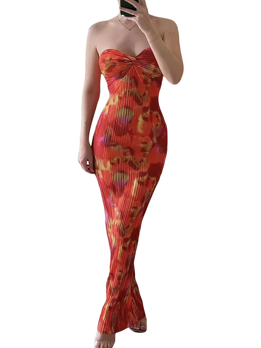 Women s Strapless Sleeveless Maxi Dress Off Shoulder Y2k Floral Print Bodycon Long Dress Sexy Bandeau Party Club Tube Dress