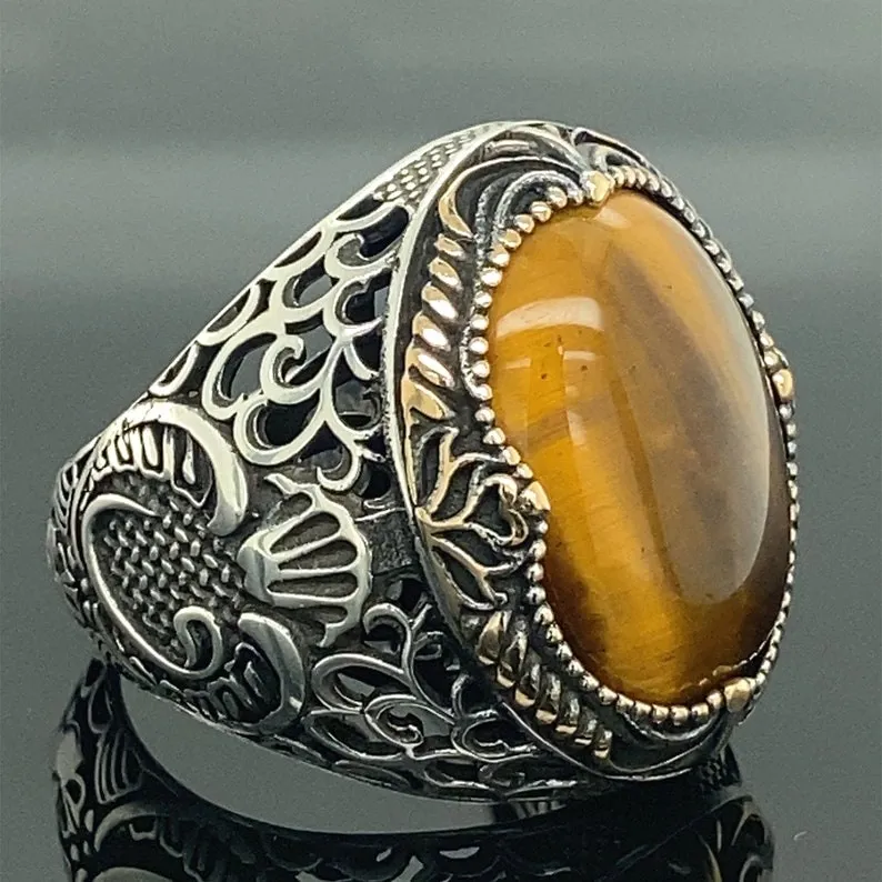 Men Handmade Ring , Tiger Eye Stone Ring , Natural Gemstone Ring , Vav Motif Ring ,Turkısh Handmade 925k Sterling Silver Ring ,