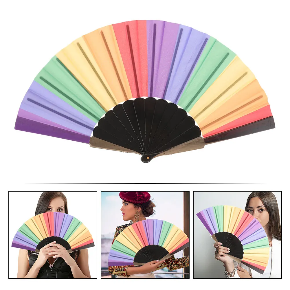 

2Pcs Rainbow Style Folding Fan Handmade Decorative Accessory for Party Wedding Gift Rainbow Hand Fan Decorative Folding Fans