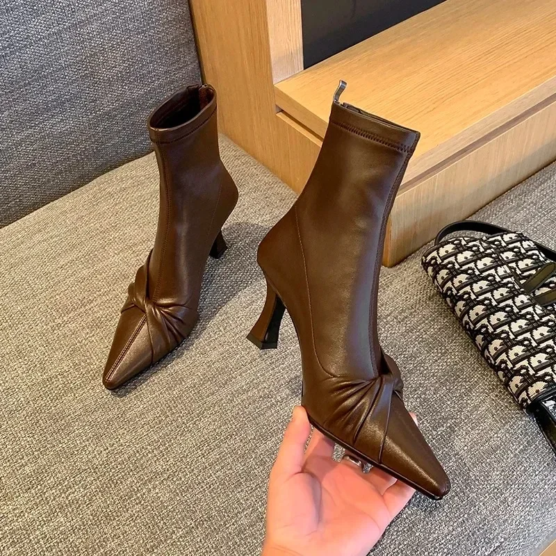 2024Autumn Winter Women Ankle Boot Shoes Fashion Zippers Chelsea Shoes Ladies Sexy High Heel Short Boots