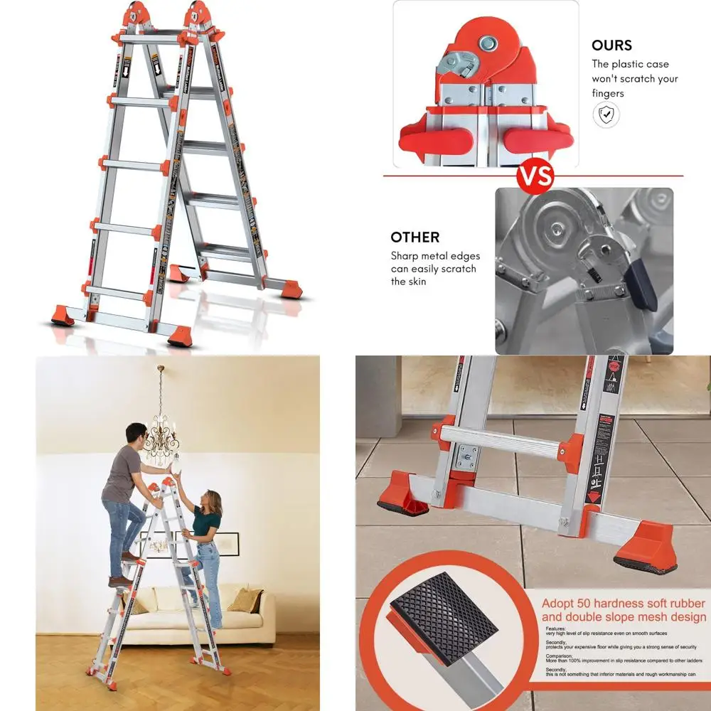 Escalera de extensión multiposición de 5 escalones con peldaños antideslizantes, 17 pies de altura, plegable para almacenamiento, soporta 330 lbs