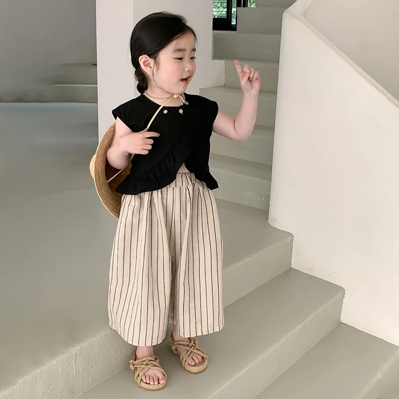 Summer Sleeveless Tops Loose Wide Leg Pants  Fashion Beach Suits Clothing Korean Style Kid Baby Girls Clothes Sets 3-8Y