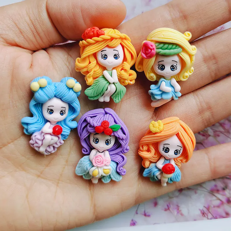 5pcs Cute Resin Cartoon Girl Flat Back Cabochon Scrapbook Princess DIY Embellishments Hair Bows Accessories Decoration