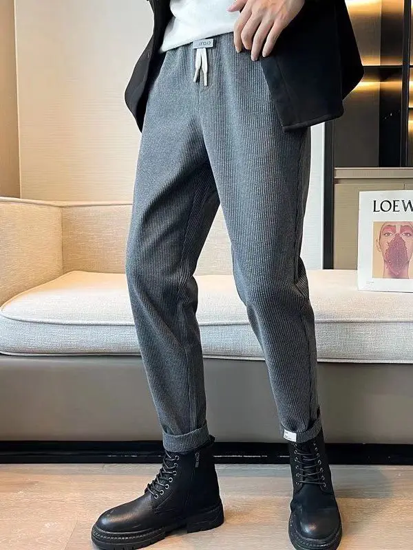 

Thiened Fce Lined Corduroy Straight Leg Casual Pants Youth Polyester Fiber Small Footed Nine Pointed Trousers