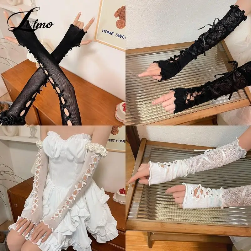 

Women Lolita Jk Lace Fingerless Gloves Black Gothic DIY Strapping Sunscreen Sleeve Clothing Accessories Elastic Mesh Punk Gloves