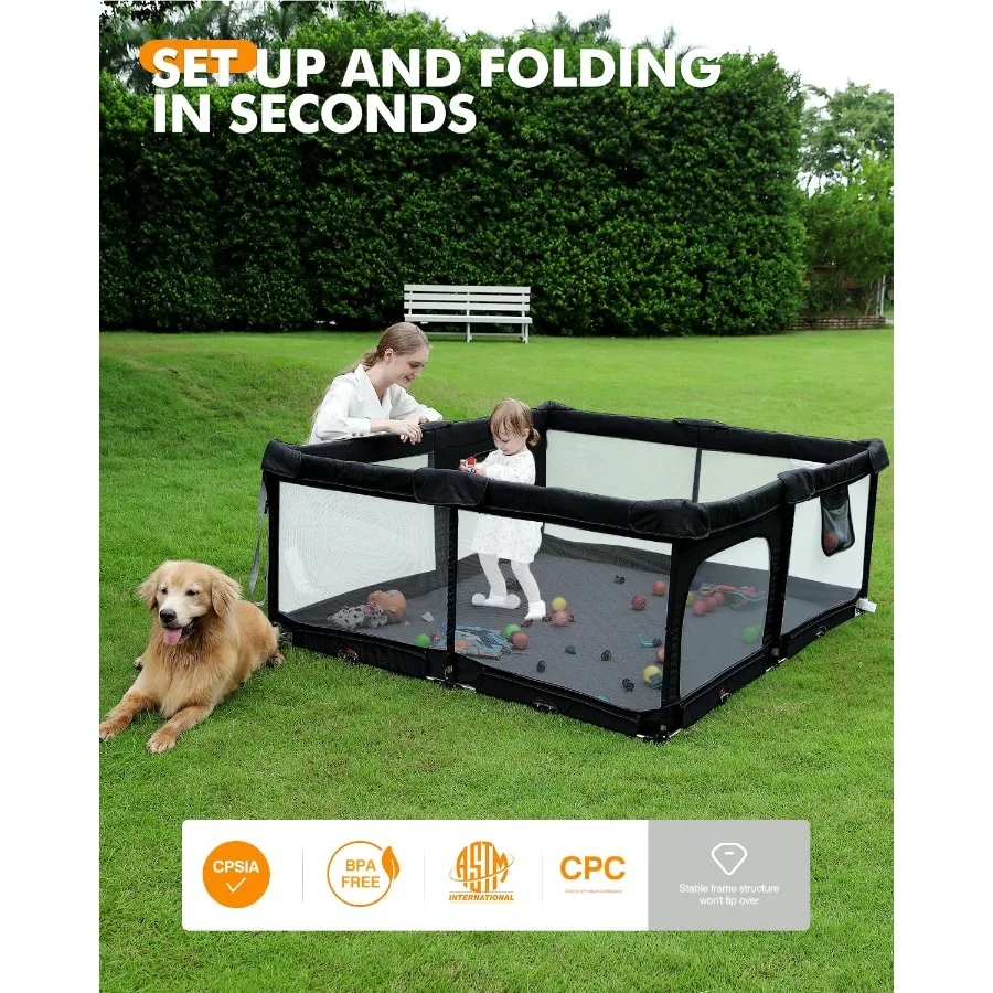 Parque infantil plegable para bebés con tapete grueso no extraíble, plegable para bebés y niños pequeños, parque infantil plegable extra grande (negro 51"×51")